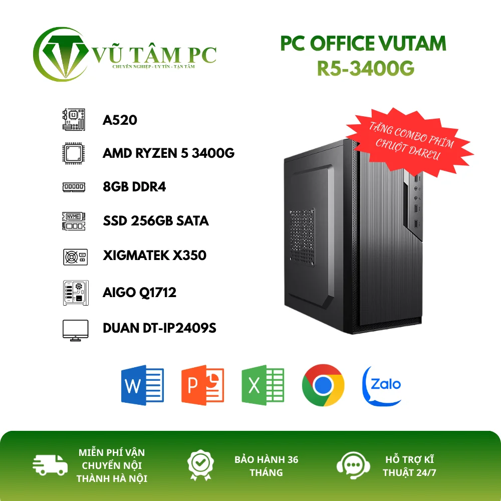 PC OFFICE VUTAM R5-3400G (R5 3400G/A520/8GB RAM/256GB SSD)