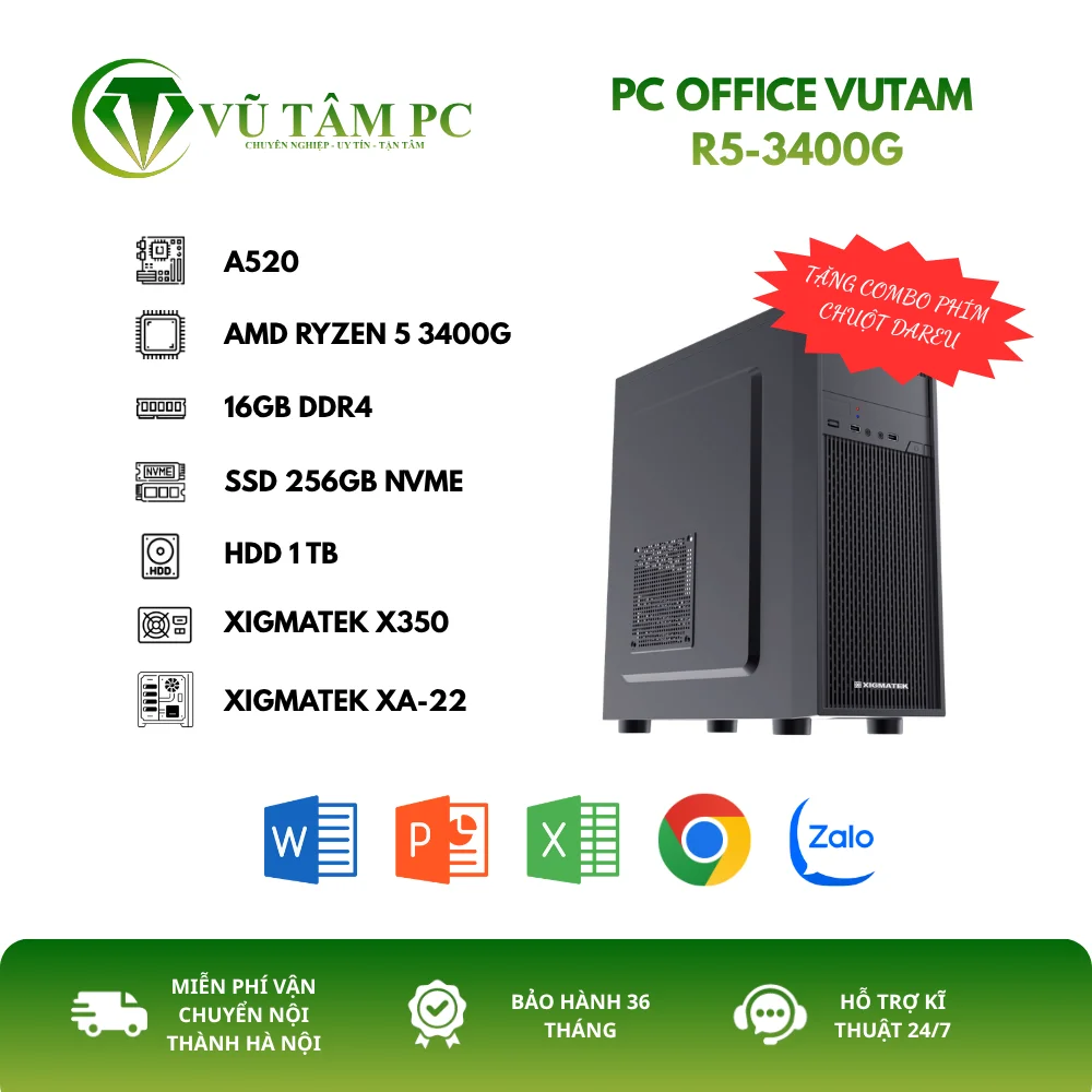 PC OFFICE VUTAM R5-3400G (R3 3400G/A520/16GB RAM/256GB SSD NVME/1TB HDD)