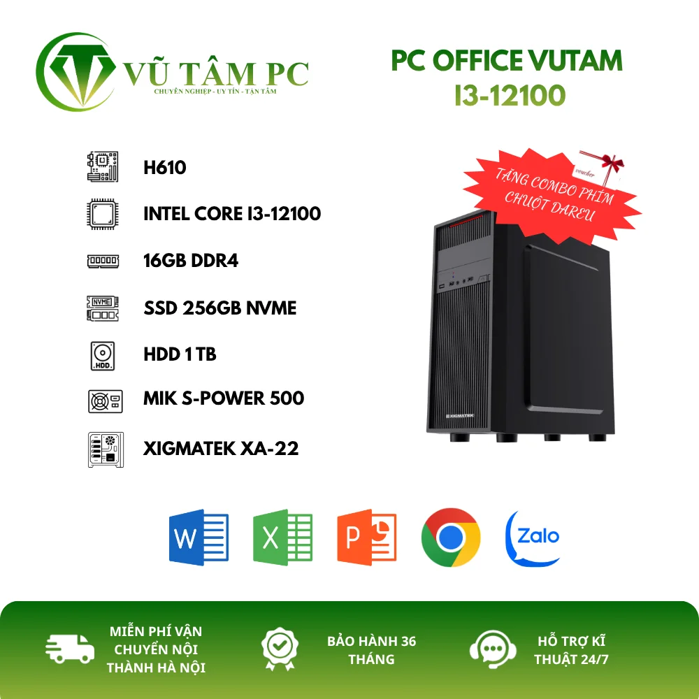 PC OFFICE VUTAM I3-12100 (I3-12100/H610/16GB RAM/256GB SSD NVME/1TB HDD)